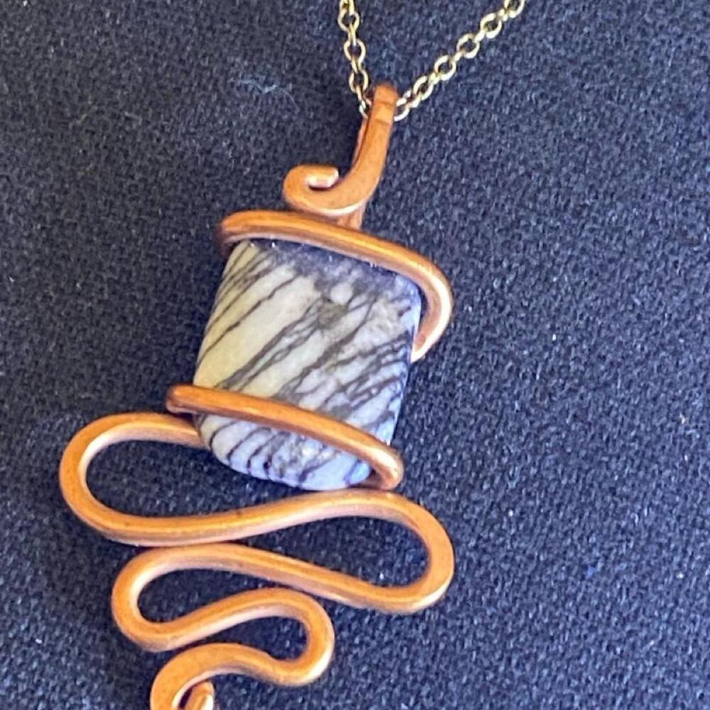 Picasso Jasper Copper Wire Wrapped Pendant Necklace Artisan Abstract Design